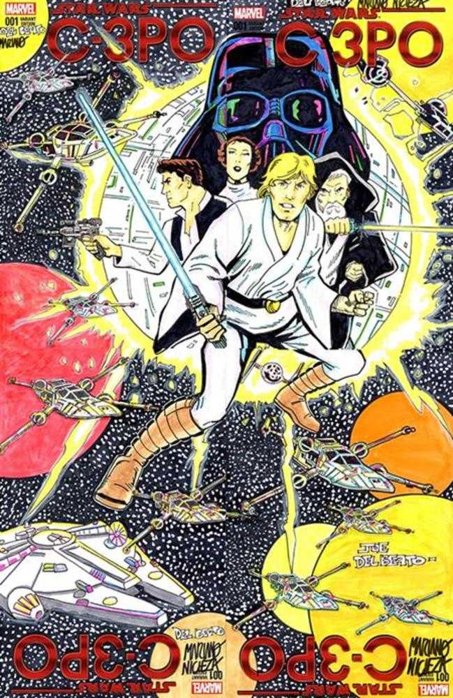 Df Marvel Comics Commissioned Cover Art Four Piece Blank Variant Connecting Set  Signed And Remarked By Mariano Nicieza And Joe Delbeato With A Classic Star Wars #1 Homage Sketch