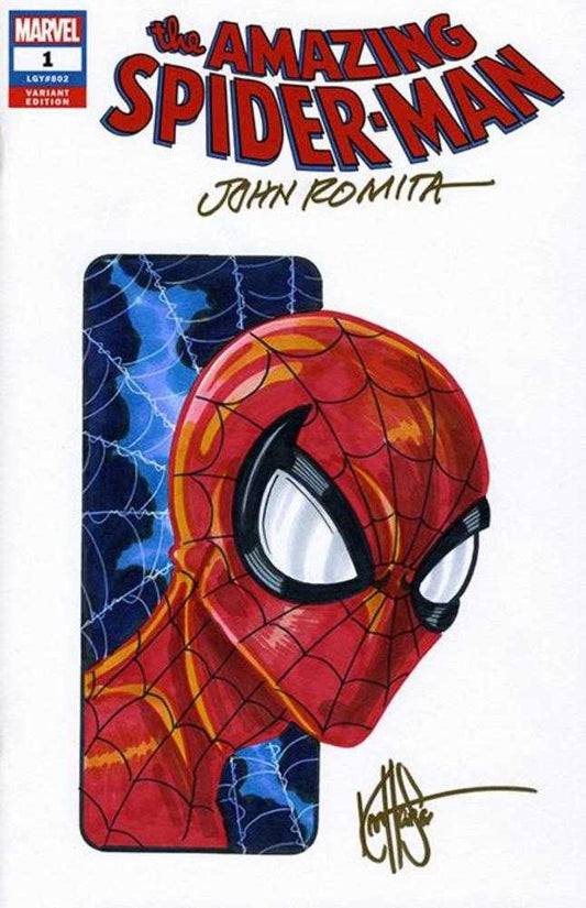 Df Amazing Spiderman #1 Blank Variant Signed By John Romita Sr And Remarked By Ken Haeser With A Spiderman Sketch