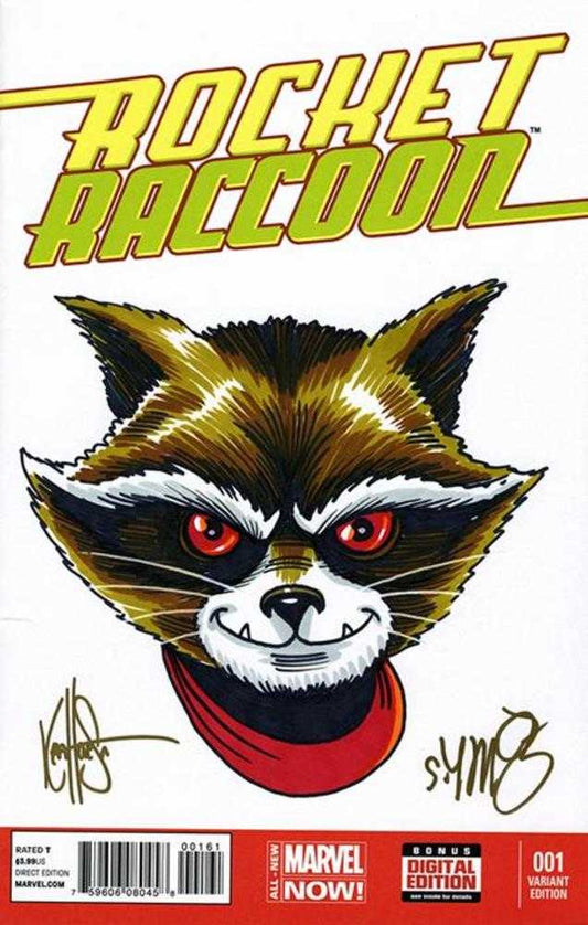Df Rocket Raccoon #1 Blank Variant Signed By Skottie Young And Remarked By Ken Haeser With A Rocket Sketch